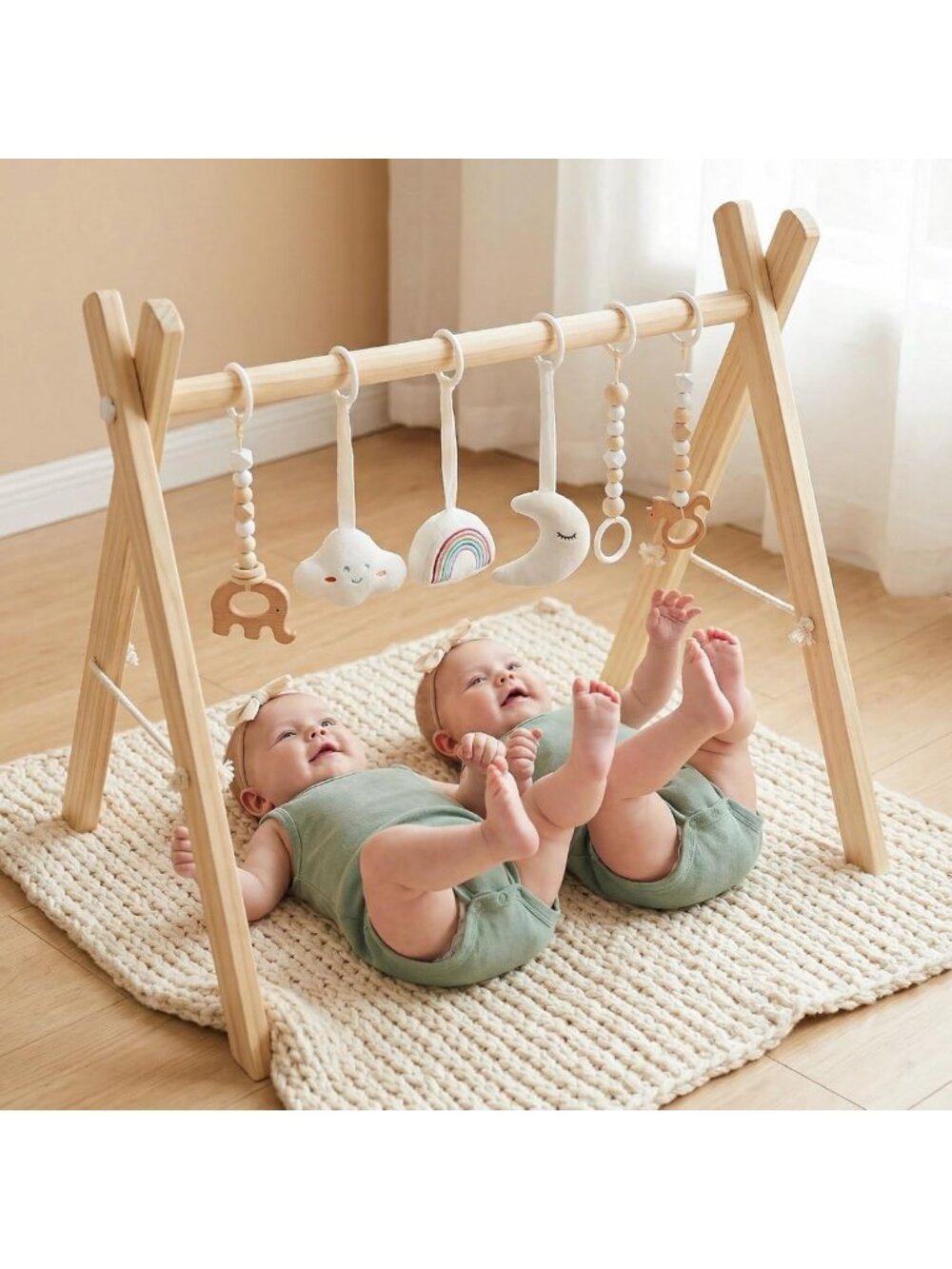 Wooden Baby Gym with 6 Toys, Foldable Play Gym, Natural Pine Frame Activity